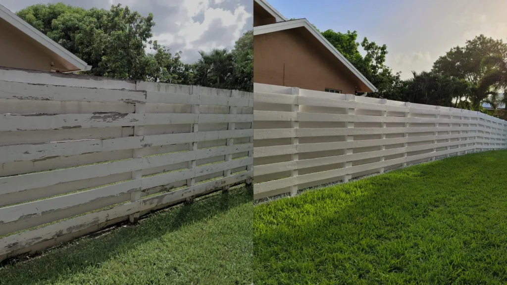 Antes y despues de la pintura exterior en la cerca realizada por Roque Quality Work